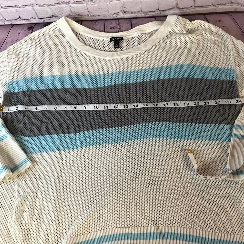 TORRID Crochet Open Weave Stripe Longsleeve Scoop Neck Coastal Beach Top Size 3X